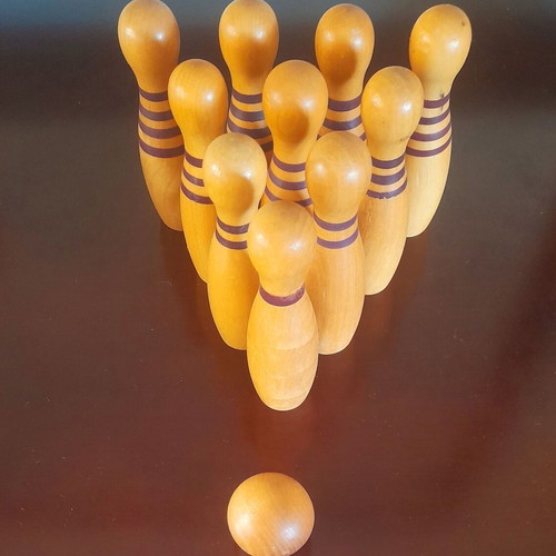Wooden mini bowling decorative like new with 10 pins and ball