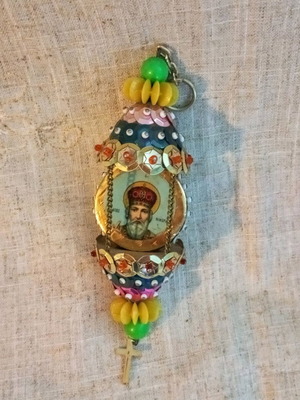 Double-sided hanging amulet with St. Nicholas used, handmade with beads 19cm