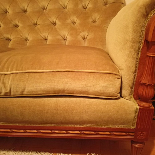 60s Wooden Carved Three-Seater Sofa With Green Velvet Intact Like New