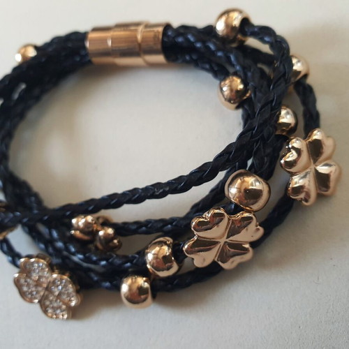 Black braided bracelet with gold beads and crystal clover like new