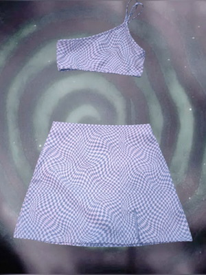 Lilac Wavy Checkerboard Pattern Skirt Crop Top Set Pull & Bear like new