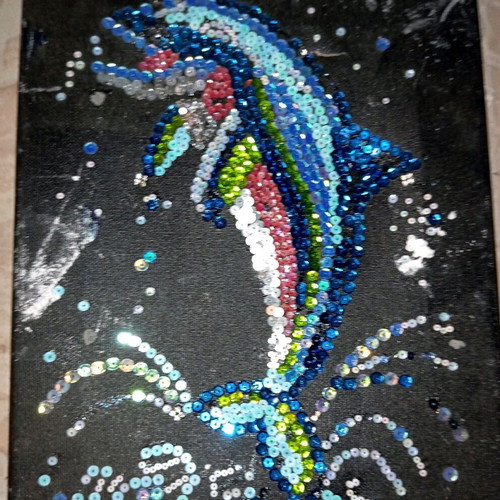 Handmade sequin dolphin frame 24×30