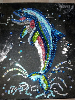 Handmade sequin dolphin frame 24×30