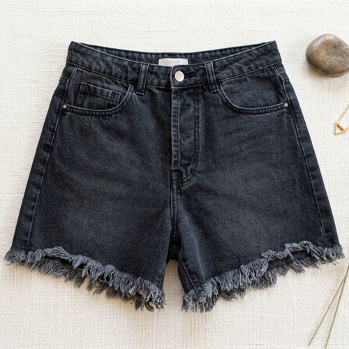 Pink Woman Black High-Waisted Denim Shorts like new, fringed hem, size M