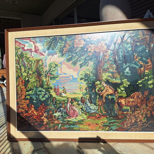 Handmade embroidered large textile painting with pastoral scene