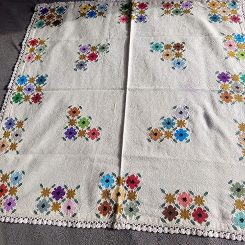 Vintage handmade tablecloth with colorful embroidered flowers like new
