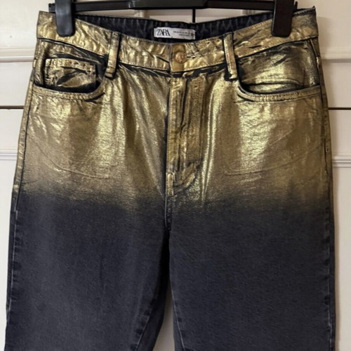 Zara high-waisted Z1975 jeans straight foil line like new, two-tone black and gold
