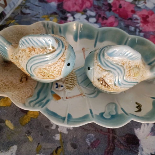 Vintage ceramic salt and pepper set with fish design like new