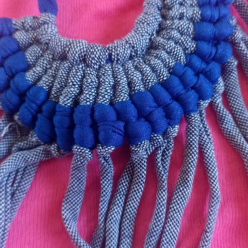 Macrame fabric necklace like new, blue and denim with fringes