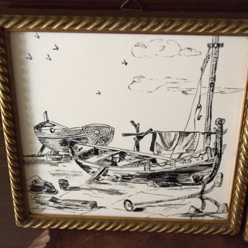 Mediterranean Coastal Ceramic Tile Plaques used, pair 1954