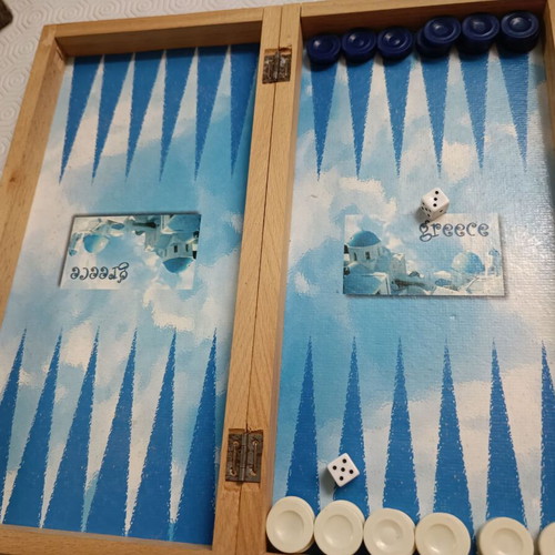 Travel backgammon like new, magnetic wooden with Santorini photo