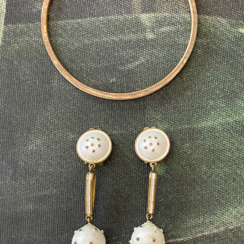 Antique French jewelry set used, clip earrings and enamel bracelet