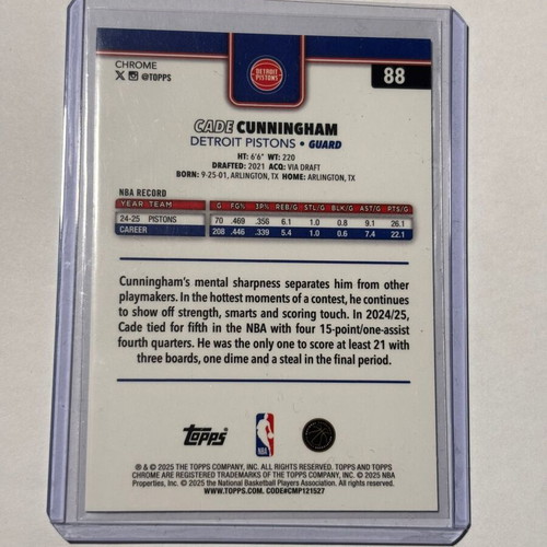 2025-26 Topps Chrome Cade Cunningham #88 Red White & Blue Refractor card like new