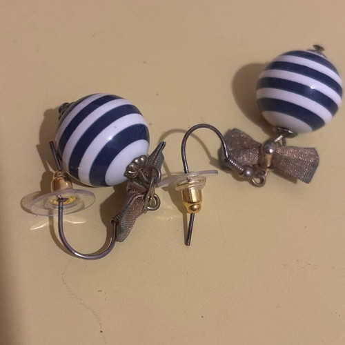 Navy striped earrings used, white and blue with decorative iron ribbon