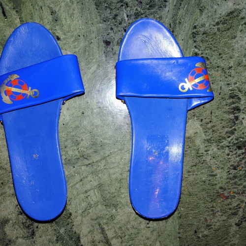 Retro children's wooden clogs used, blue nautical design 1970s