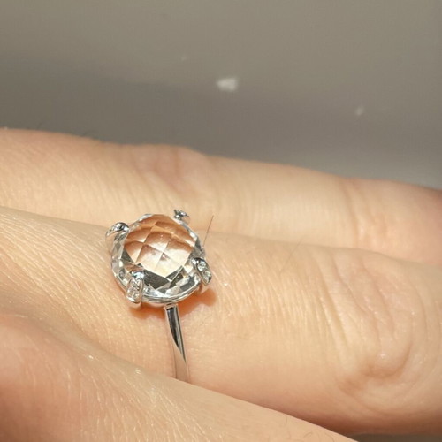 White Gold Solitaire Ring with Green Amethyst and Diamonds, New