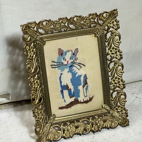 Vintage decorative frame with handmade cat embroidery, used
