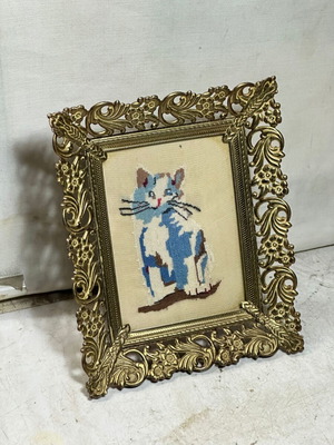Vintage decorative frame with handmade cat embroidery, used