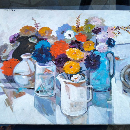 Original painting Flowers with acrylics, framed 24x32 cm new