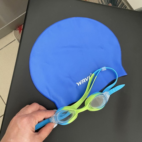 Swim cap and goggles used