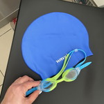 Swim cap and goggles used