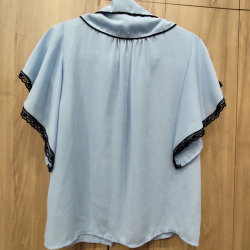 Lussile baby blue blouse with black lace and Peter Pan collar, size S