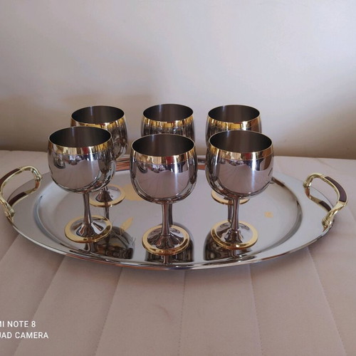 Stainless Steel Tray Set with 12 Wine/Liqueur Glasses and 2 Small Platters 24K Gold
