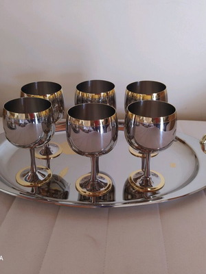 Stainless Steel Tray Set with 12 Wine/Liqueur Glasses and 2 Small Platters 24K Gold