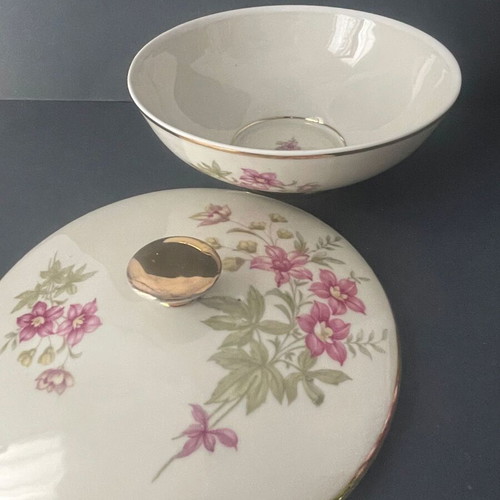 Vintage Winterling Marktleuthen porcelain covered bowl used, pink clematis and gold