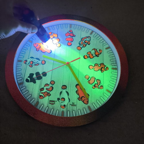 Glowing wall clock with clownfish, handmade
