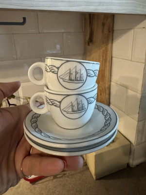 Ionia Greek Coffee Cups White with Gray and Blue, New