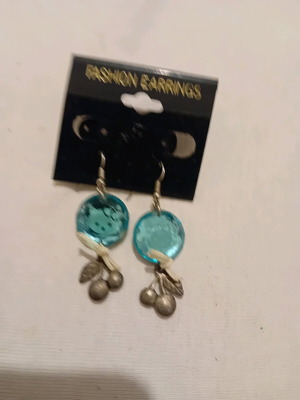 Blue dangling earrings new with metal cherry details