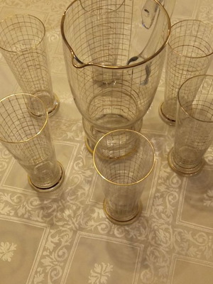 Water glass set with pitcher and fine gold borders, 1950, new