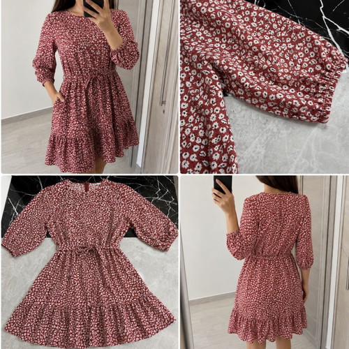 ONLY floral knee-length dress, EU size 44, burgundy red