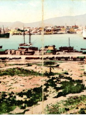 Double chromolithograph postcard used, Panorama of Piraeus
