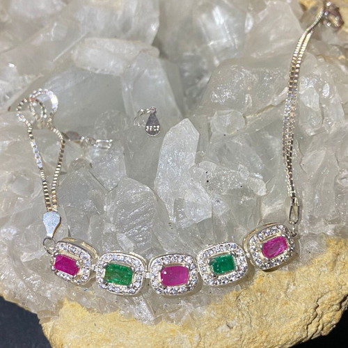 Handmade silver bracelet with natural emerald, ruby and moissanite, new
