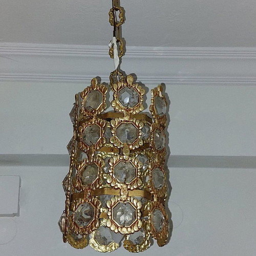 Vintage ceiling light with crystal hexagons used, metal