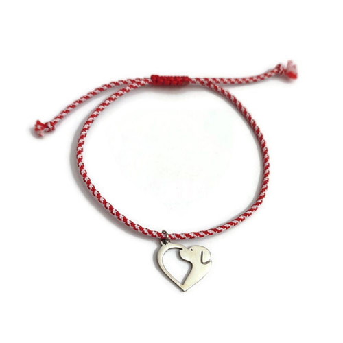 Martaki stainless steel heart bracelet with dog charm, adjustable macrame