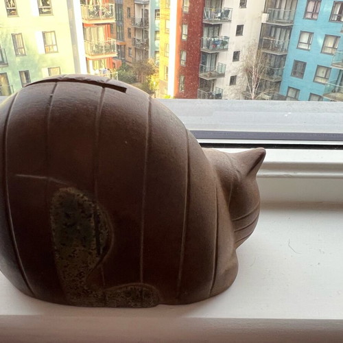 Vintage ceramic cat piggy bank used, Mid-Century Modern
