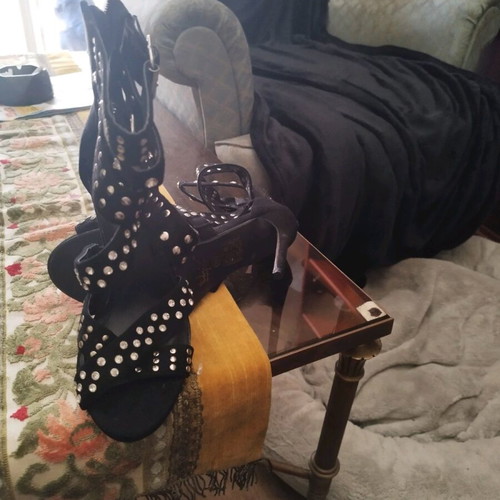 Women's sandals new size 38, black with studs and stiletto heel