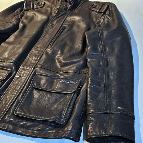 Hilfiger Denim men's leather jacket used, brown to gray, size M