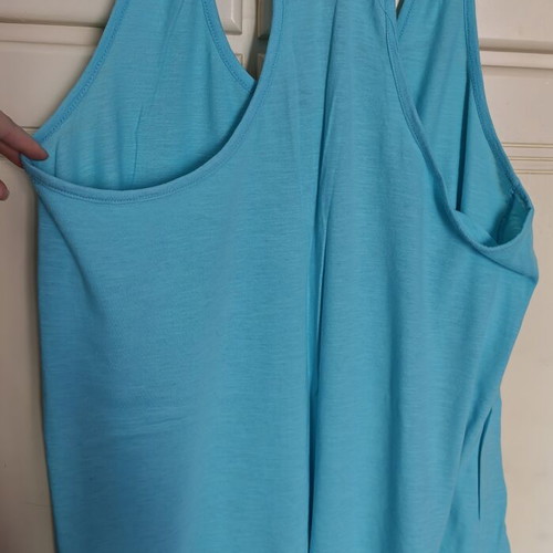Blue blouse with print used, XXL, linen fabric, criss-cross back