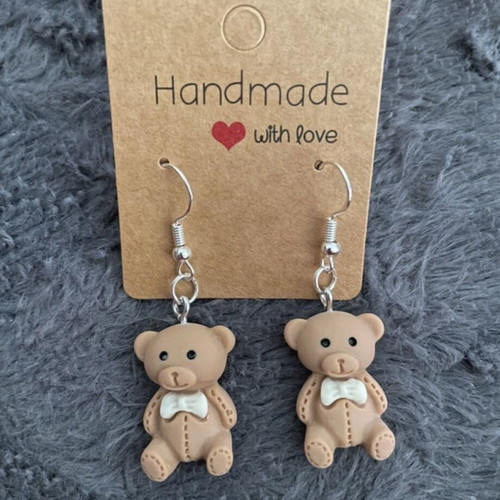 Teddy bear earrings handmade new, beige and brown