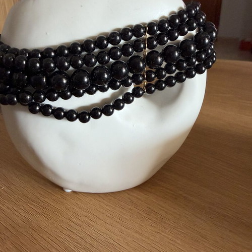 Black pearl choker necklace, 5 rows, gold-tone steel clasp