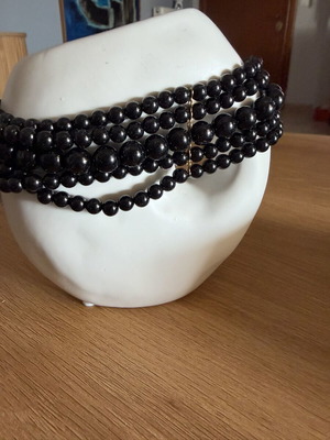 Black pearl choker necklace, 5 rows, gold-tone steel clasp