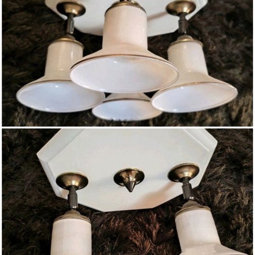 Vintage ceiling light set 4-light and 2-light, brass and opaline glass
