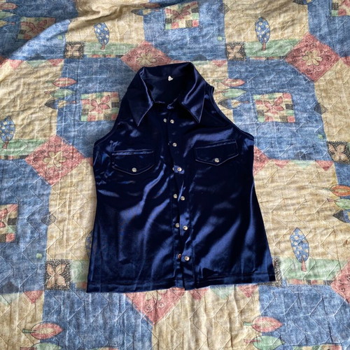 90s vintage navy satin sleeveless shirt fitted vest new