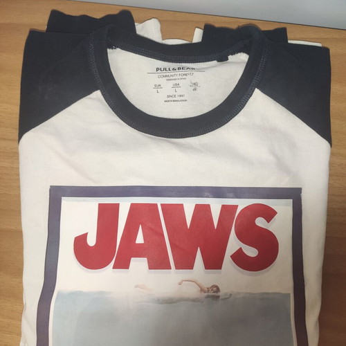 Pull & Bear JAWS long-sleeve raglan T-shirt, white and blue, sizes M-L-XL