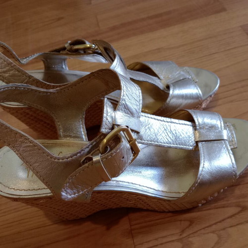 Franco Sarto straw platform sandals used, beige and gold, size 39.5