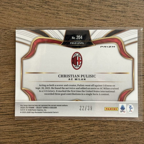 Christian Pulisic White Prizm /39 Panini Select 2025-26 Serie A card